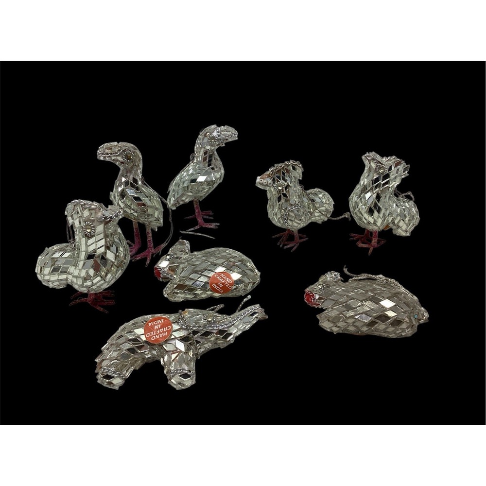 Vintage(8) India Style Silver Mirror Mosaic Birds, Elephant 2" & 3"  Ornaments